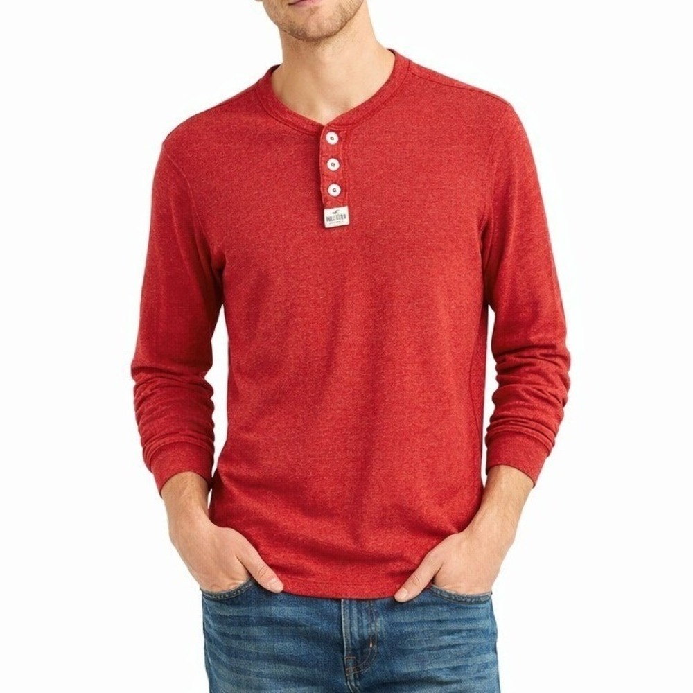 Hollister Mens Henley L Y2K‎ Red Waffle Knit Thermal Minimalist Skater Grunge